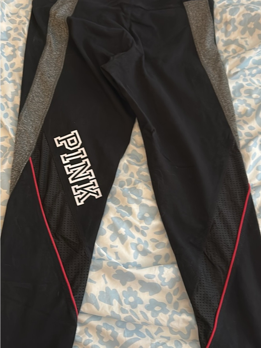 PINK Black Athletic Leggings with Gray Panels and Red Trim